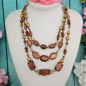 TRES JOLIE Sterling Silver Brown Sandstone & Pearl Crystal necklace